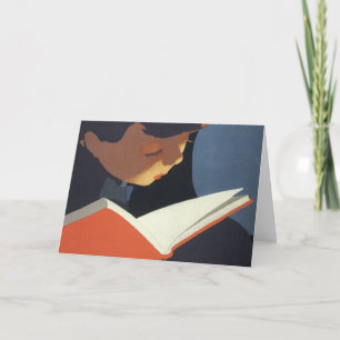 Vintage Child Reading a Book From the Library Card