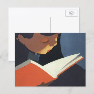 Vintage Child Reading a Book From the Library Postcard