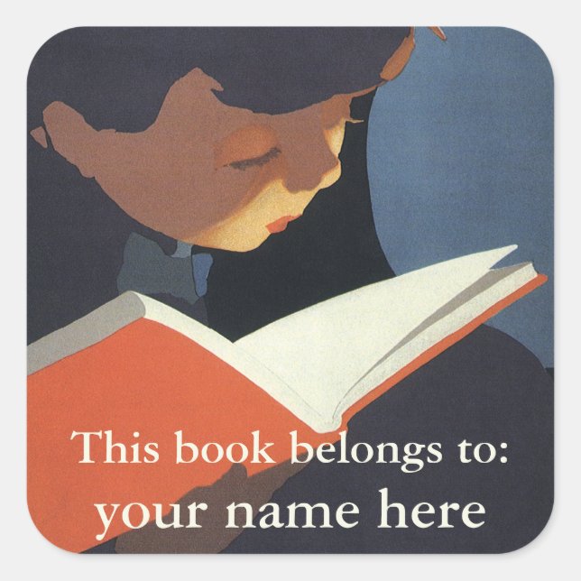 Vintage Child Reading a Book From the Library Square Sticker (Front)