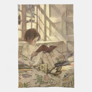 Vintage Child Reading a Book, Jessie Willcox Smith Kitchen Towel