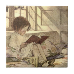 Vintage Child Reading a Book, Jessie Willcox Smith Tile