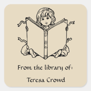 Vintage Child Sitting Reading Bookplate Square Sticker