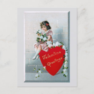 Vintage Child w/Valentine Greetings on Red Heart Postcard