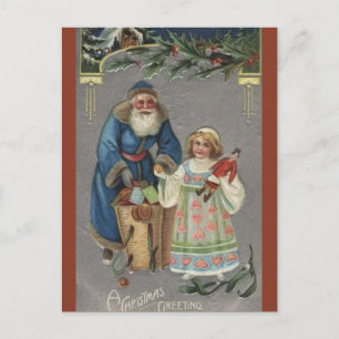 Vintage Child With Blue St Nick Christmas Postcard