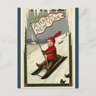 Vintage Child With Flag Sledding Happy New Year Postcard