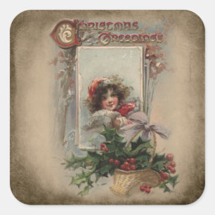 Vintage Child with Holly and Christmas Greetings Square Sticker