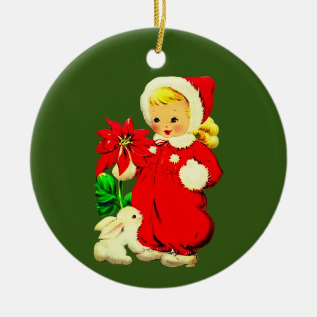 Vintage Child with Poinsettia & Rabbit Ceramic Ornament (Front)