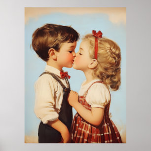 Vintage Childhood Sweetheart Kiss Poster