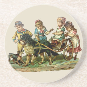 Vintage Children and Dog Wagon Coaster