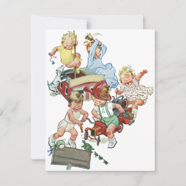 Vintage Children and Fire Trucks Invitation (Front)