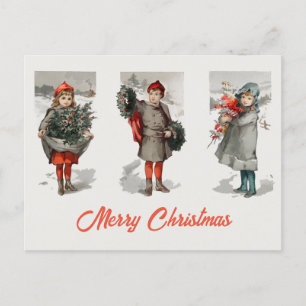Vintage Children and Holly Winter Snow Christmas Holiday Postcard