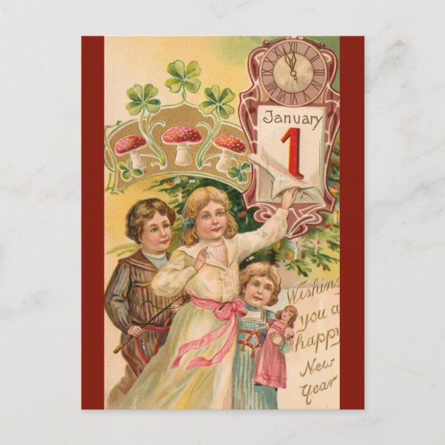 Vintage Children and Toadstools Happy New Year Postcard (Front)