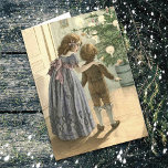 Vintage Children and Tree Christmas Card<br><div class="desc">This holiday greeting card features a wonderful vintage fine art image of a little girl dressed in blue showing the family Christmas tree to her little brother. The image is framed in blue gray. The text on the inside is fully customizable. You may leave it as is, or make it...</div>