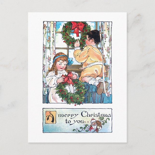 Vintage Children at Window w/Christmas Wreaths Postcard (Front)