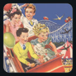 Vintage Children Balloons Dog Roller Coaster Ride Square Sticker<br><div class="desc">Vintage illustration children image with boys and girls on a roller coaster having fun at the amusement park. The kids are smiling holding balloons and even the family pet dog is enjoying the ride!</div>