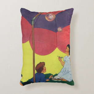 Vintage Children Blowing Bubbles Under an Umbrella Accent Pillow
