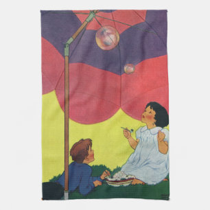 Vintage Children Blowing Bubbles Under an Umbrella Kitchen Towel