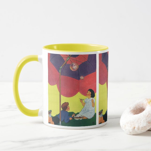 Vintage Children Blowing Bubbles Under an Umbrella Mug (With Donut)