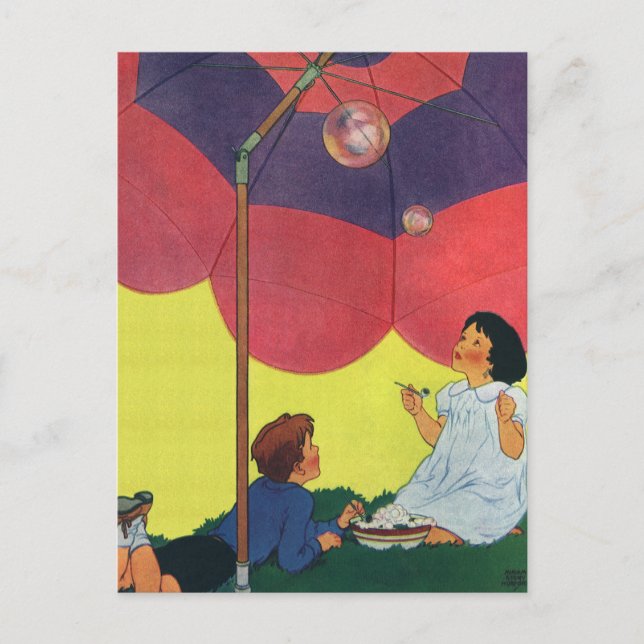 Vintage Children Blowing Bubbles Under an Umbrella Postcard (Front)