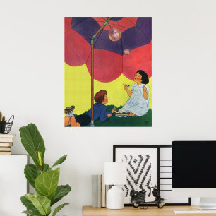 Vintage Children Blowing Bubbles Under an Umbrella Poster