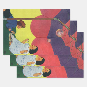 Vintage Children Blowing Bubbles Under an Umbrella Wrapping Paper Sheet