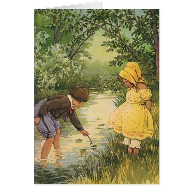 Vintage Children, Boy and Girl Playing by Creek (Front)