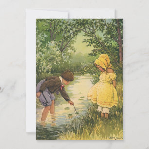 Vintage Children, Boy and Girl Playing by Creek