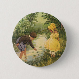 Vintage Children, Boy and Girl Playing by Creek 2 Inch Round Button