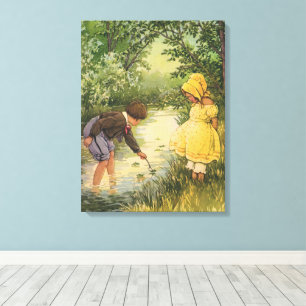 Vintage Children, Boy and Girl Playing by Creek Canvas Print