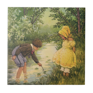 Vintage Children, Boy and Girl Playing by Creek Tile