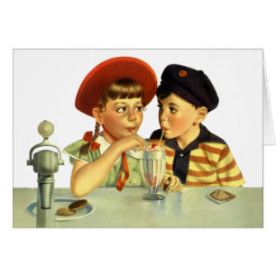 Vintage Children, Boy and Girl Sharing a Shake
