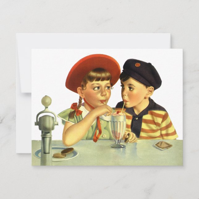 Vintage Children, Boy and Girl Sharing a Shake (Front)