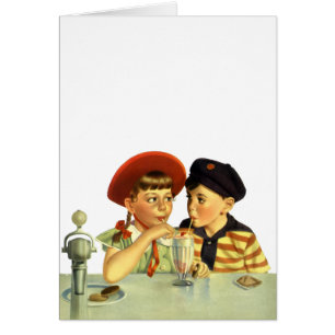 Vintage Children, Boy and Girl Sharing a Shake