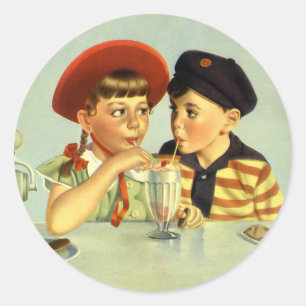 Vintage Children, Boy and Girl Sharing a Shake Classic Round Sticker