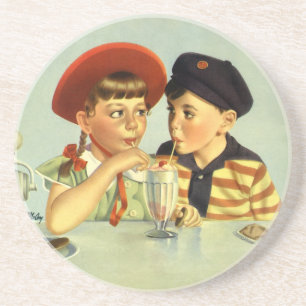Vintage Children, Boy and Girl Sharing a Shake Coaster