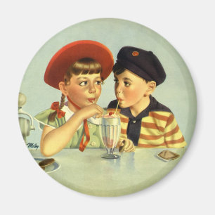 Vintage Children, Boy and Girl Sharing a Shake Magnet