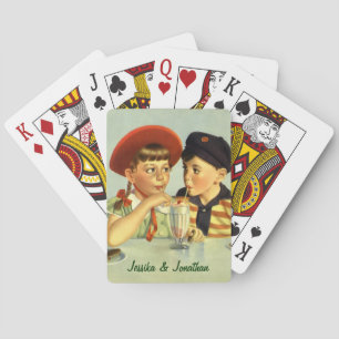 Vintage Children, Boy and Girl Sharing a Shake Playing Cards