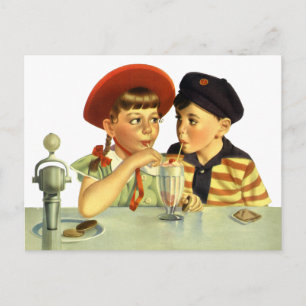 Vintage Children, Boy and Girl Sharing a Shake Postcard