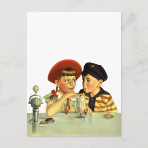 Vintage Children, Boy and Girl Sharing a Shake Postcard