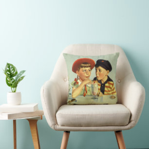 Vintage Children, Boy and Girl Sharing a Shake Throw Pillow