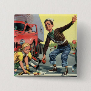 Vintage Children, Boy Safety Patrol Helping Girl 2 Inch Square Button