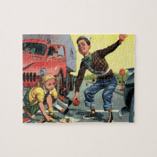 Vintage Children, Boy Safety Patrol Helping Girl Jigsaw Puzzle