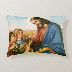 Vintage Children Bring Flowers to Jesus Christ Accent Pillow