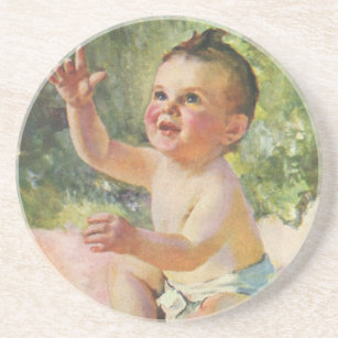 Vintage Children, Cute Baby Girl on a Pink Blanket Coaster