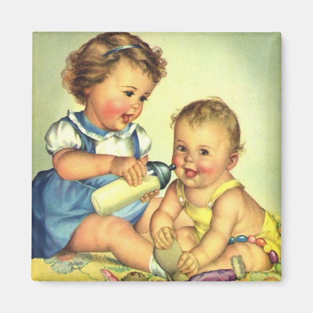 Vintage Children, Cute Happy Toddlers Smile Bottle Magnet (Front)