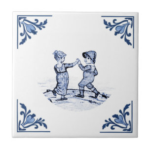 Vintage Children Dancing Delft Corner Blue & White Tile
