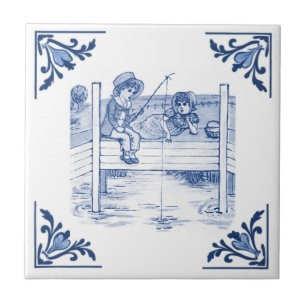 Vintage Children Fishing Kids Delft Blue & White Tile