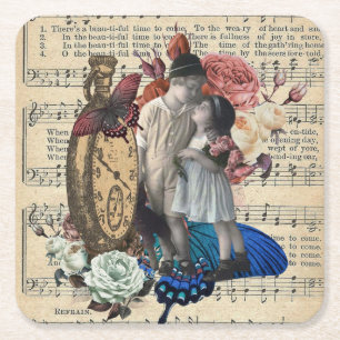 Vintage Children & Floral Collage  Square Paper Coaster