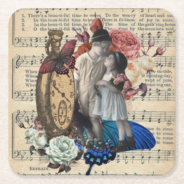 Vintage Children & Floral Collage  Square Paper Coaster (Front)