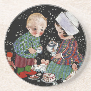 Vintage Children Having a Pretend Tea Party Coaster